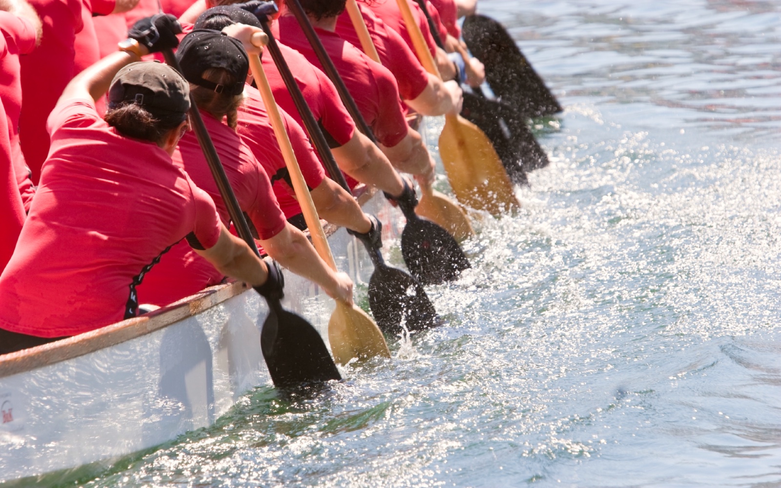 A group of paddlers compete in a dragon boat race