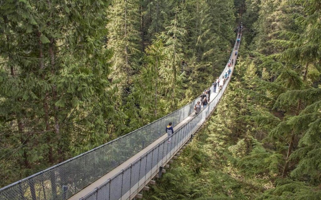 tourists crossing the capilano suspension bridge in vancouver bc canada