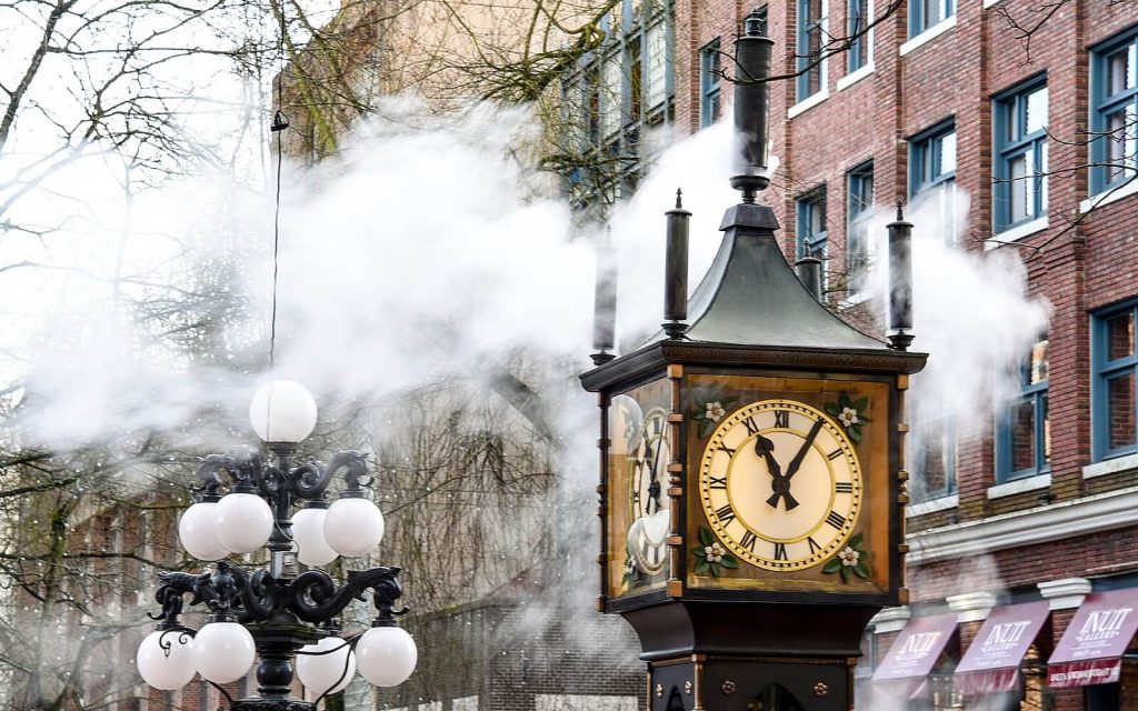 the gastown steam clock erupts with steam in vancouver canada