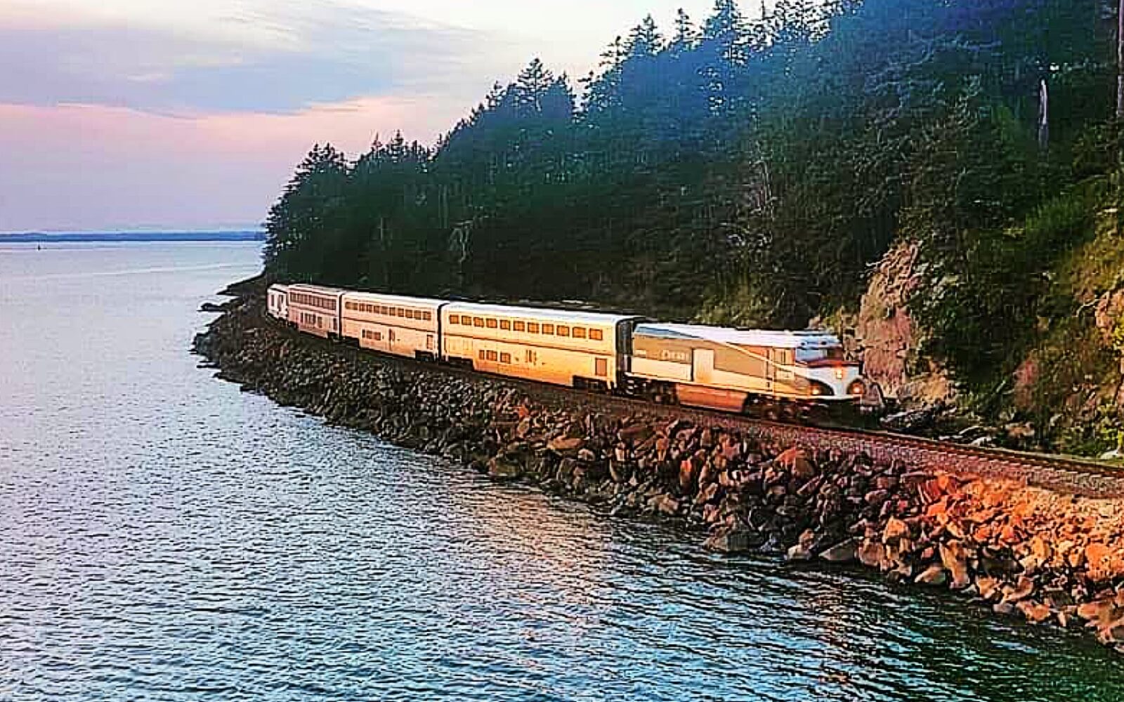 The Amtrak Cascades travels alongside the coast