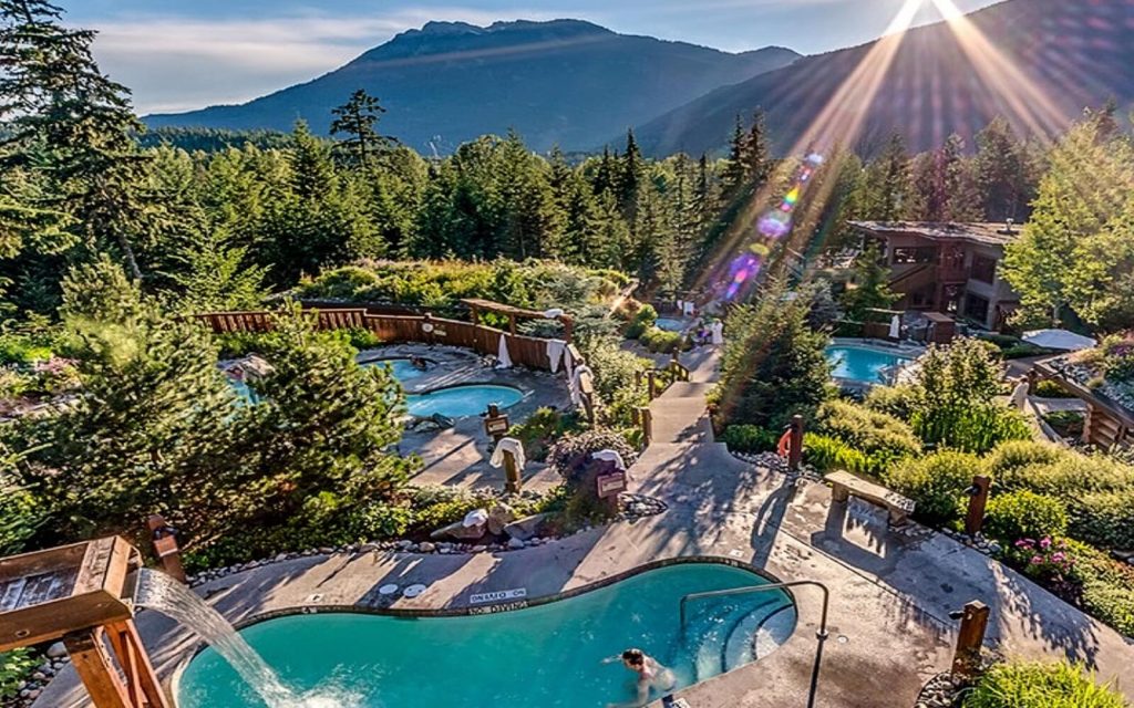 A panoramic view of the Scandinave Spa, Whistler