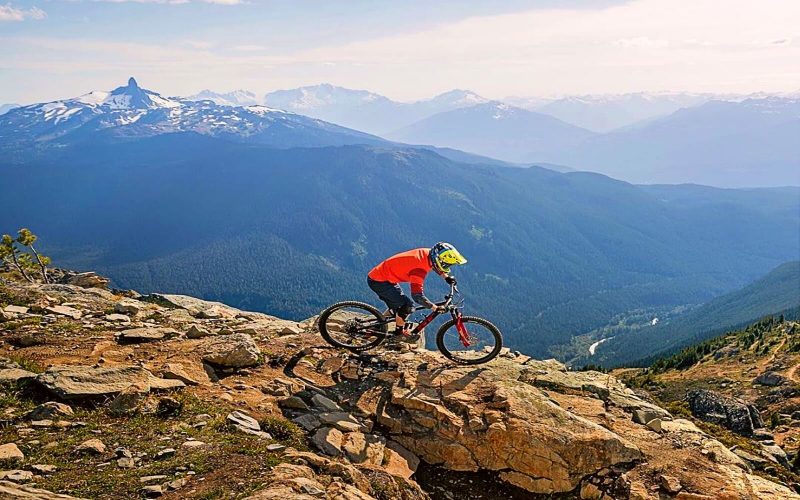 A mountain biker in front of a mountain vista