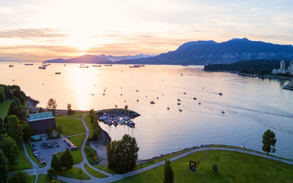 An aerial shot of English Bay from above Kits Point