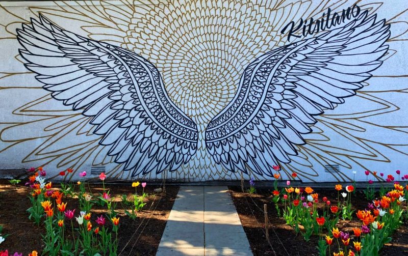 a painted wing mural with flowering tulips in the kitsilano area in vancouver
