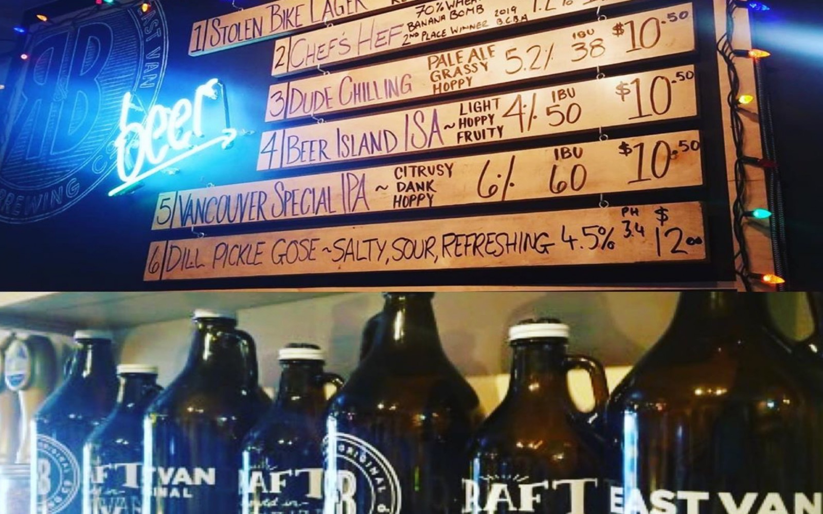 A bunch of growlers sit on the bar at R & B Brewing, Vancouver