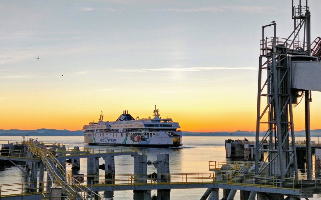 A ferry approaches Tsawwassen ferry Terminal, near Vancouver BC