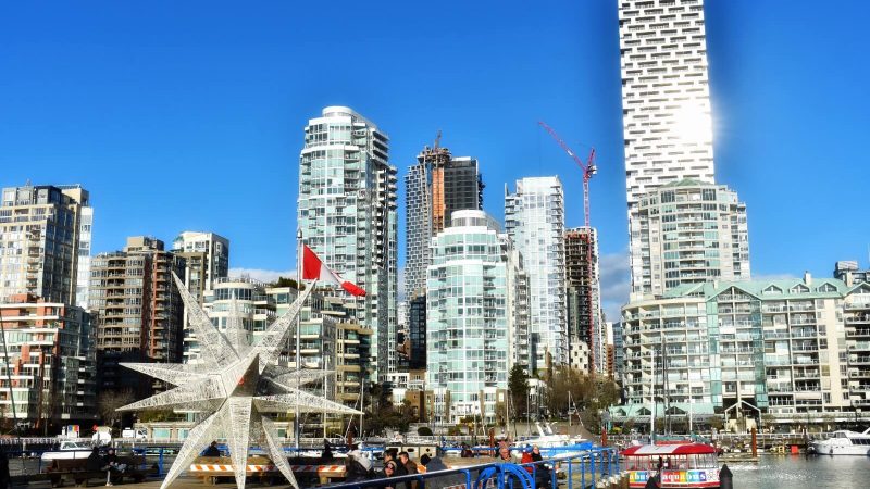 the vancouver skyline as seen from granville island market square