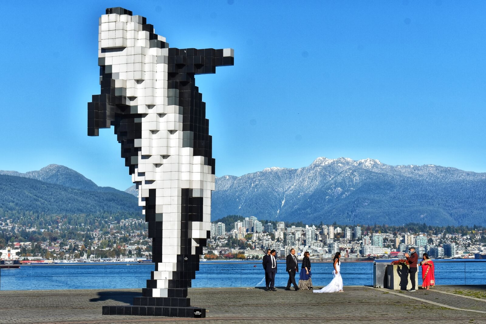 douglas coupland's digital orca with snowy mountain background in vancouver