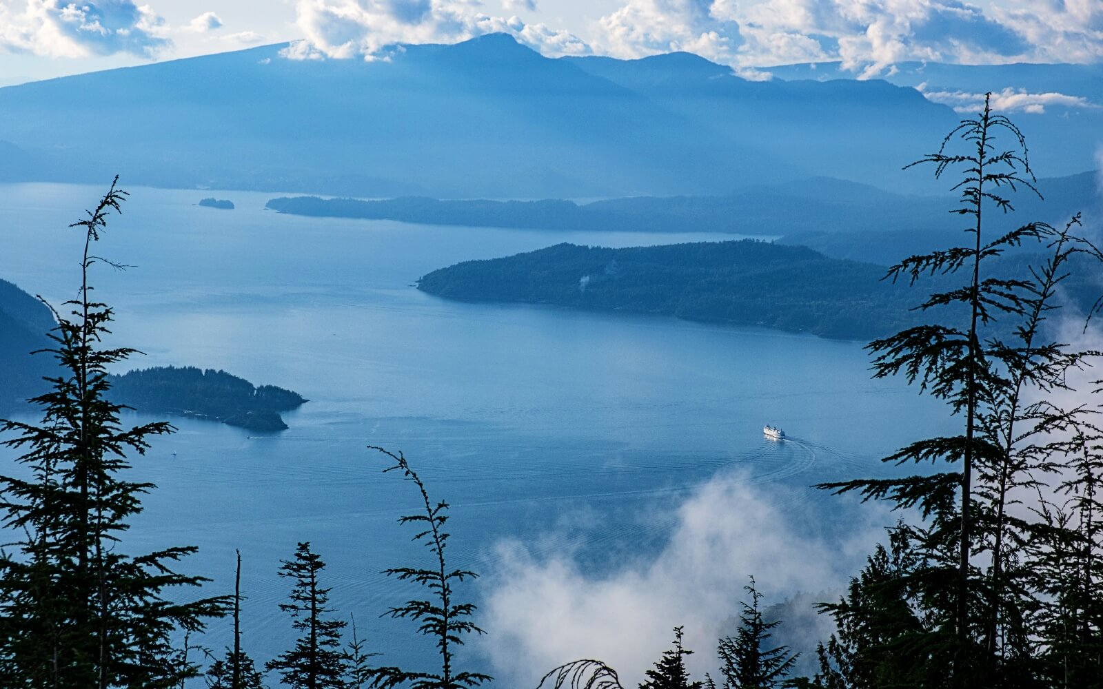 aerial view of bc ferries travelling in howe sound bc