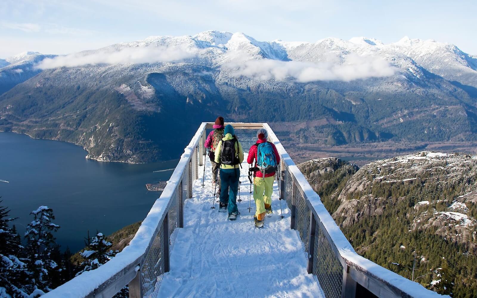 hikers arriving at the panoramic view of howe sound at the sea to sky gondola vancouver squamish