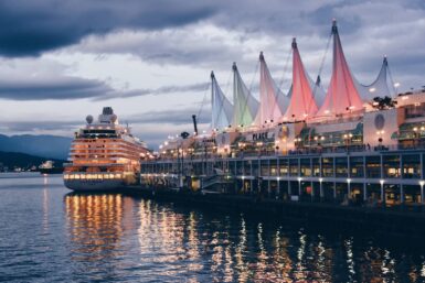 a cruise ship leaving the vancouver cruise ship terminal