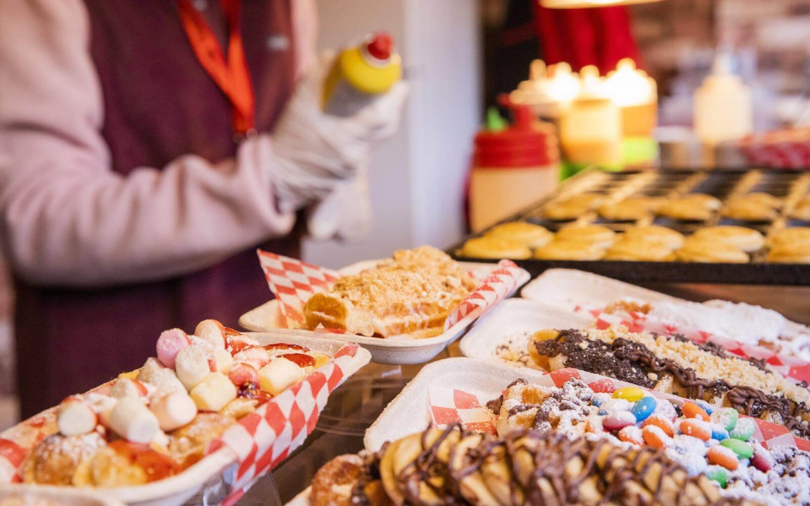 an assortment of waffles and crepes at the vancouver christmas market