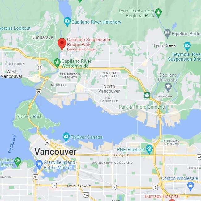 a map of North Vancouver for an article on the best time of day to visit capilano suspension bridge