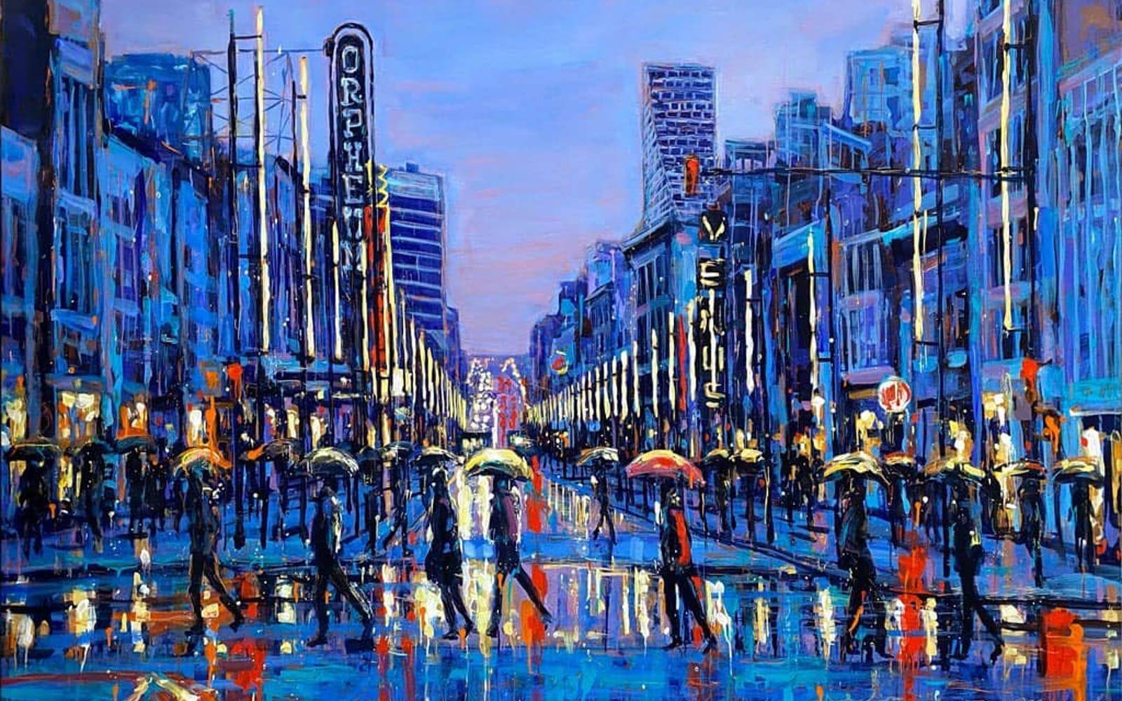 painting of a rainy day on granville street at the vancouver art gallery