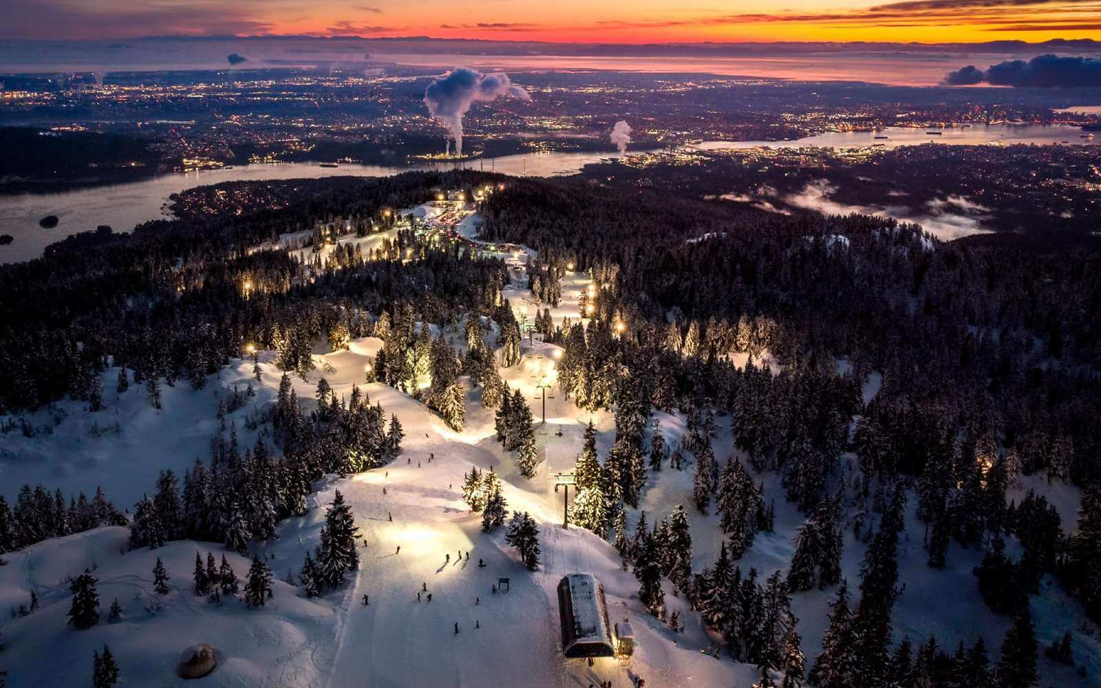 aerial view of the night skiing terrain at seymour mountain in vancouver