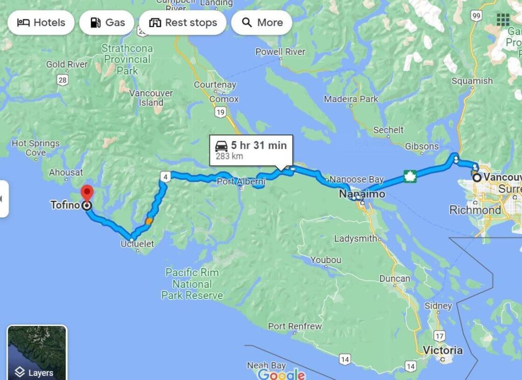 map showing the distance for a drive between vancouver and tofino