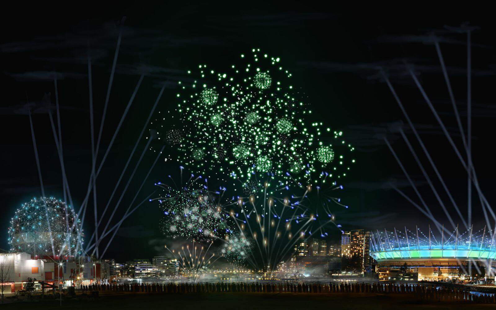 concord's new years eve fireworks display in front of science world and bc place in vancouver canada