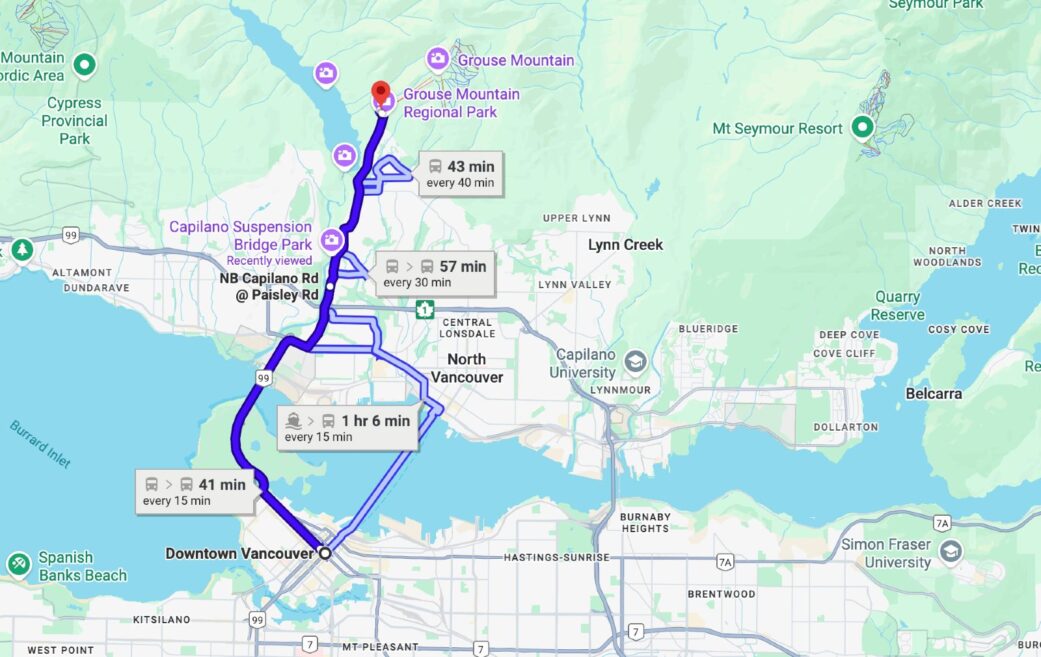 Transit options from downtown to Grouse Mountain.