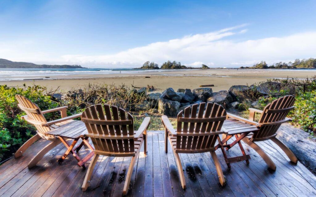 deck chairs overlooking chesterman beach in tofino bc