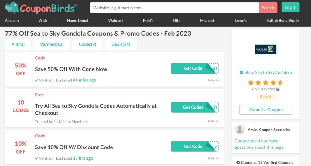 a photo of a sea to sky gondola ticket discount code website