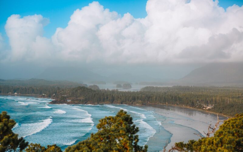 aerial view of a beach with rounds of waves near tofino bc