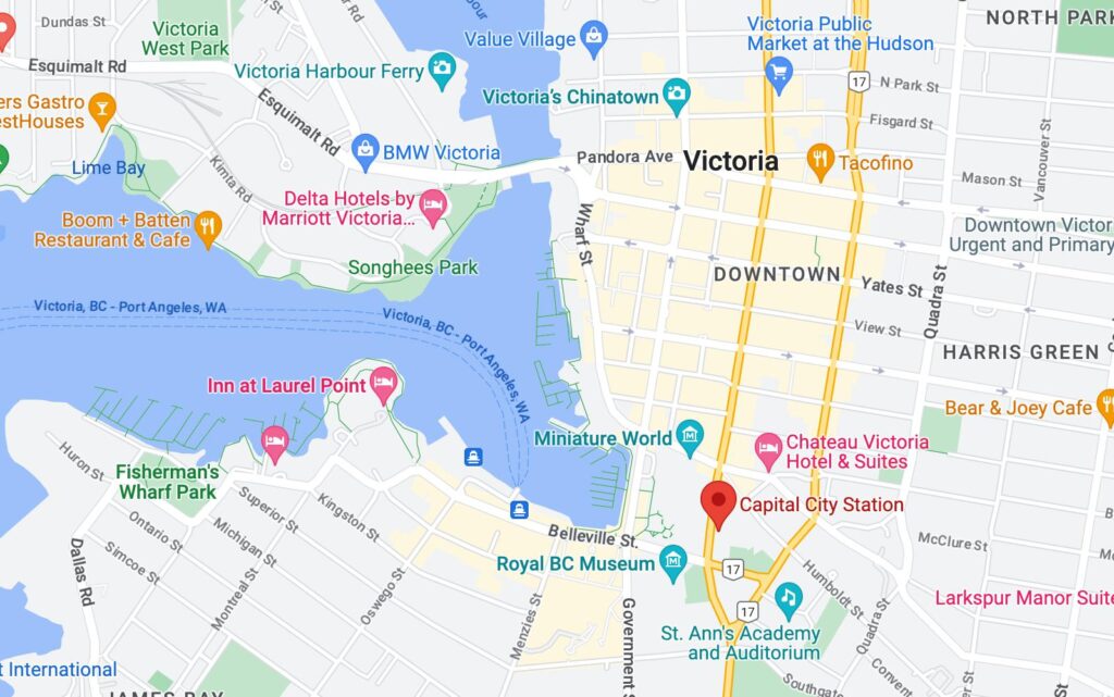 map of the departure point of the victoria to vancouver airport bus