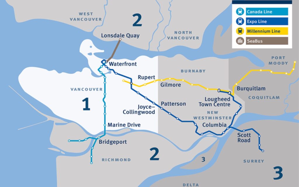 the fare zone map on the vancouver public transit system.
