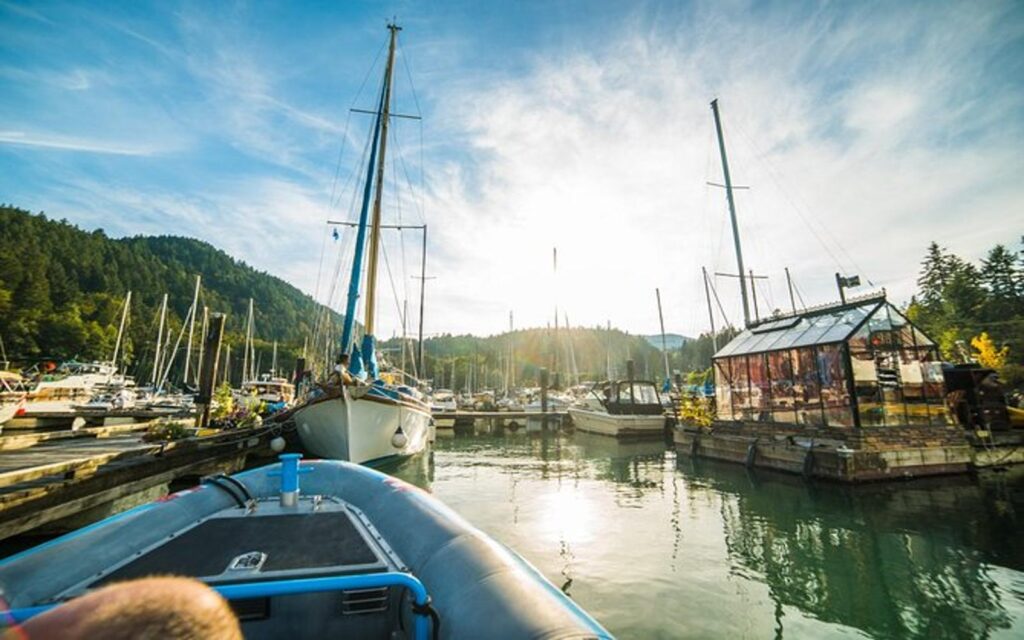 a snap from a bowen island zodiac dinner cruise in the snug harbour marina 