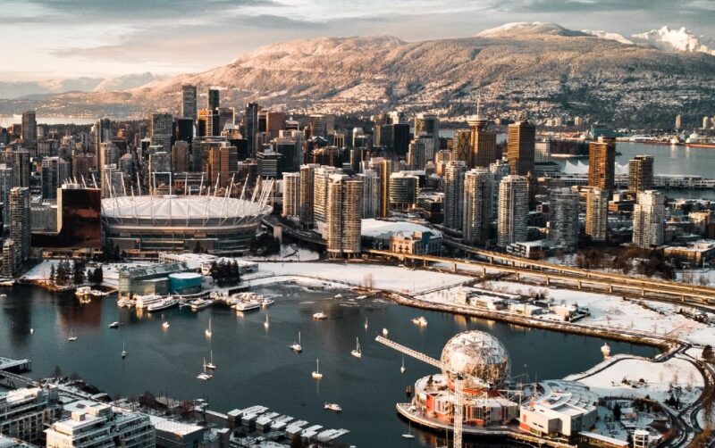 snowy mountain backdrop of vancouver in december