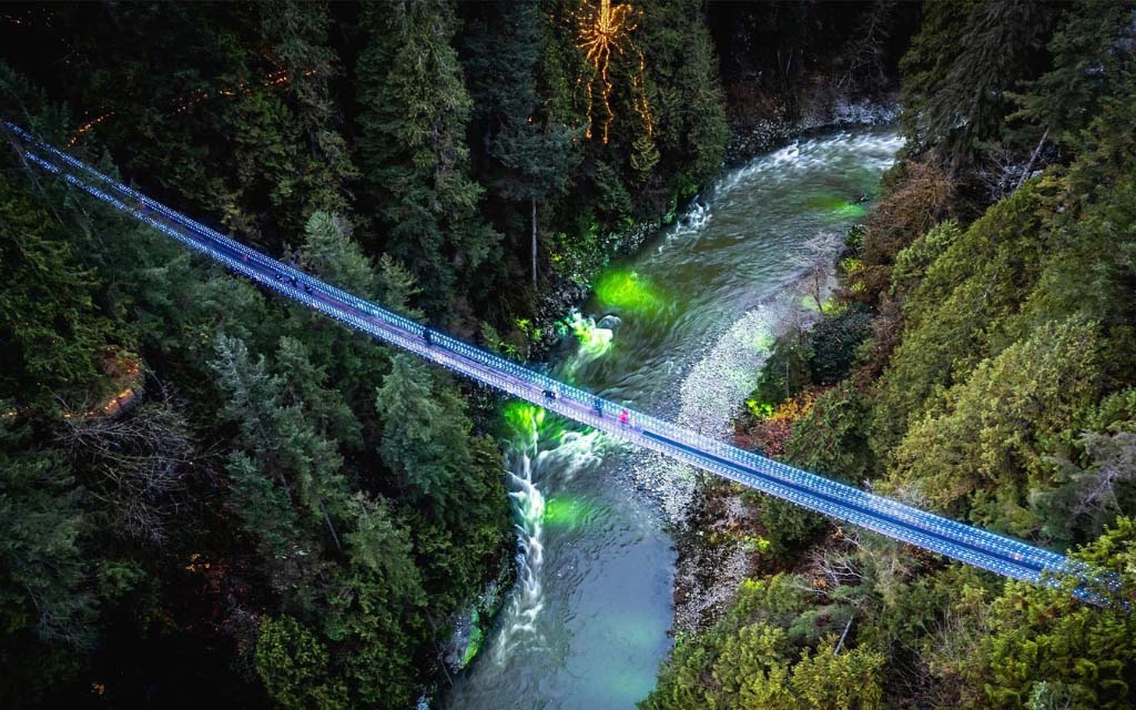 aerial view of the canyon lights in the capilano suspension bridge in vancouver bc canada
