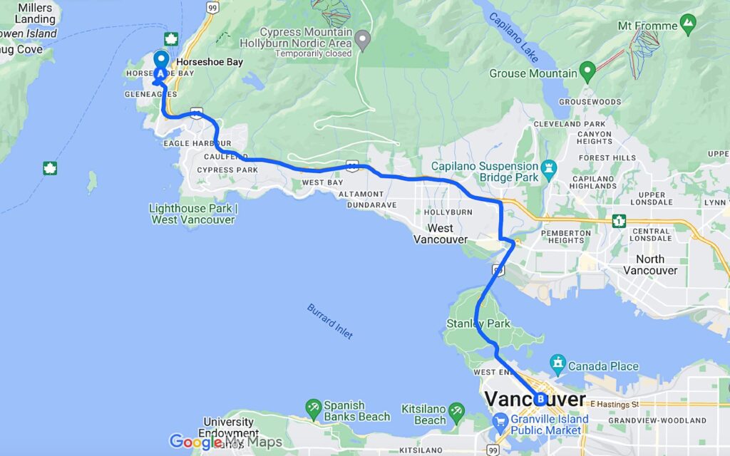 a map that illustrates how to get to Horseshoe Bay from downtown Vancouver.