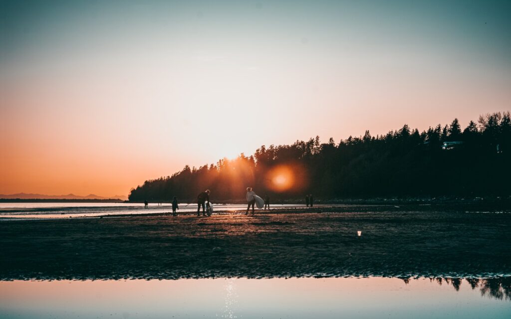 a groups wanders around the tidal flats in white rock, bc