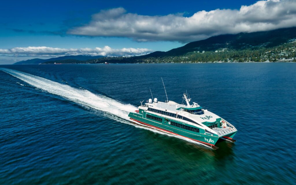 a Hullo passenger ferry enters burrard inlet near vancouver.