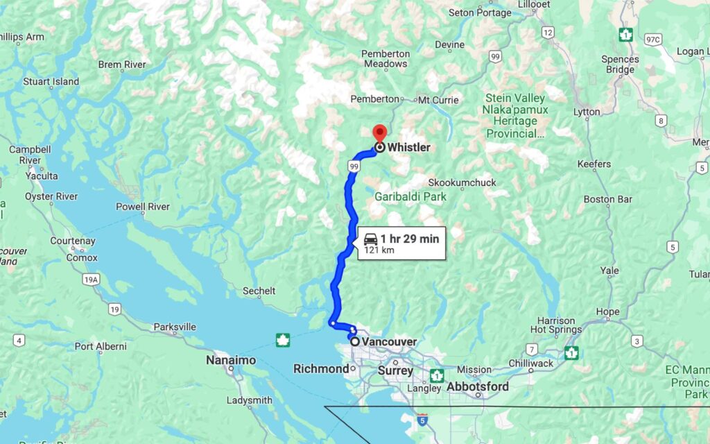 map showing the distance from vancouver bc to whistler