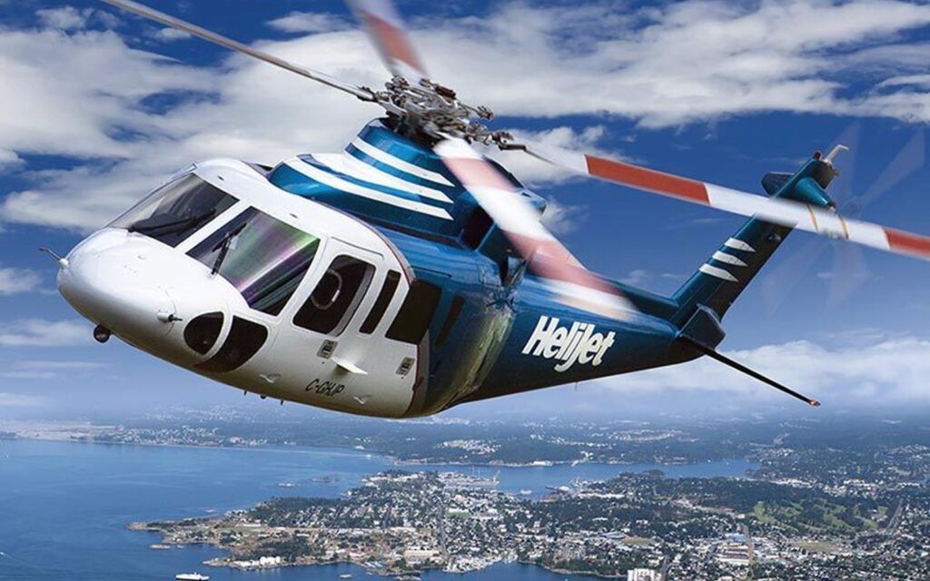 a helicopter flies from vancouver to victoria offering an alternative in the face of bc ferries cancellations.