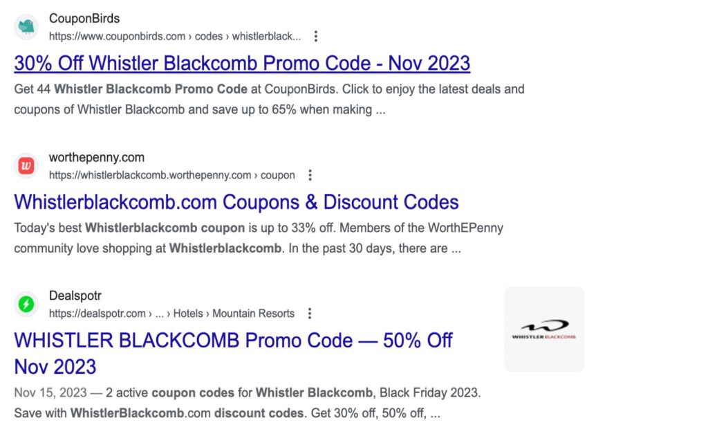 a snapshot of the google search for whistler blackcomb promo code.