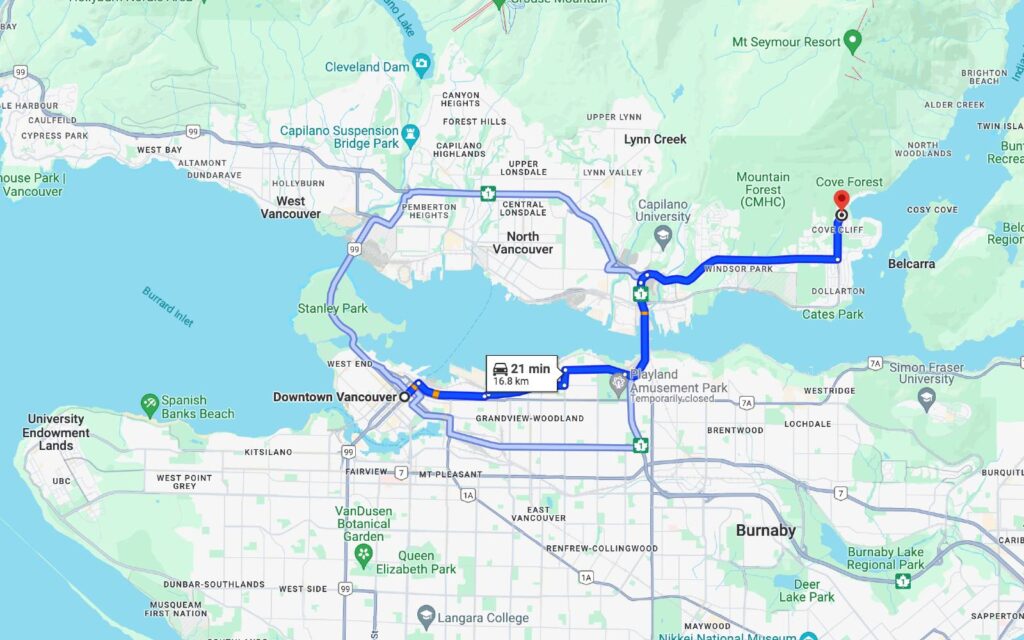 map from downtown vancouver to deep cove