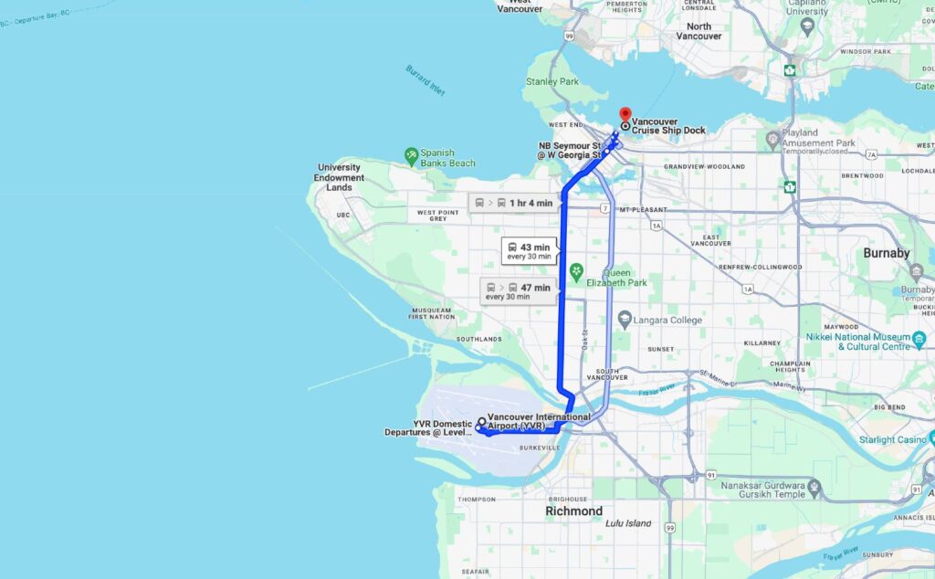 vancouver airport to cruise ship directions on google maps