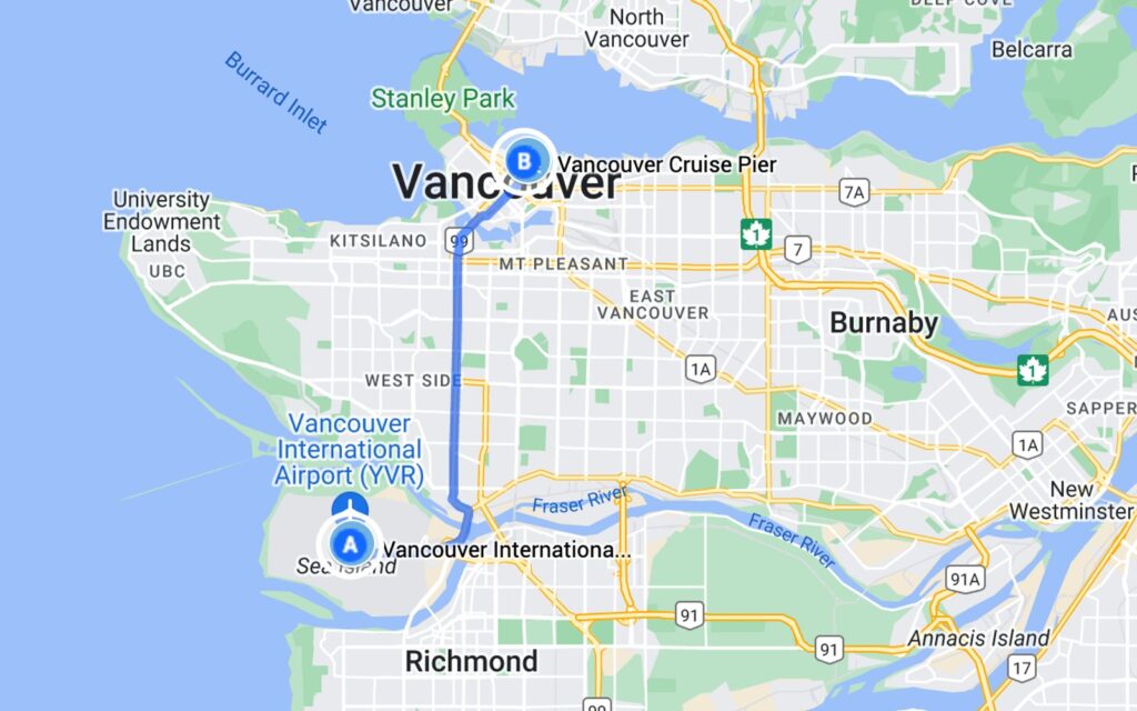 a map illustrating the trip from Vancouver airport to the Vancouver cruise terminal.