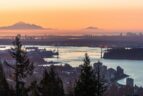a shot of the city skyline from the north shore mountains in Vancouver in April.