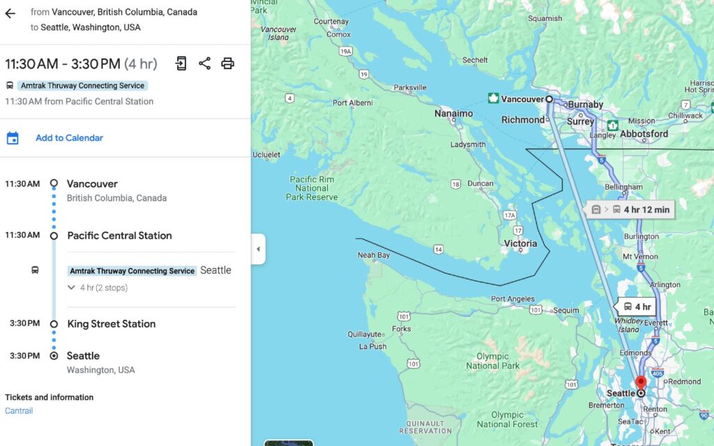 vancouver to seattle train route map google with time