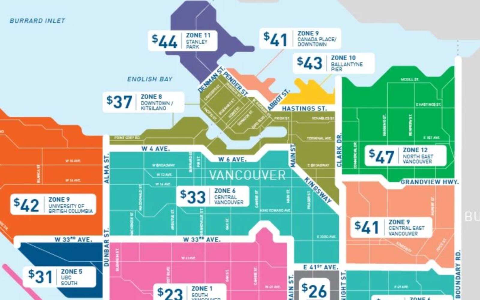 a map showing zone taxi fare in the whole vancouver