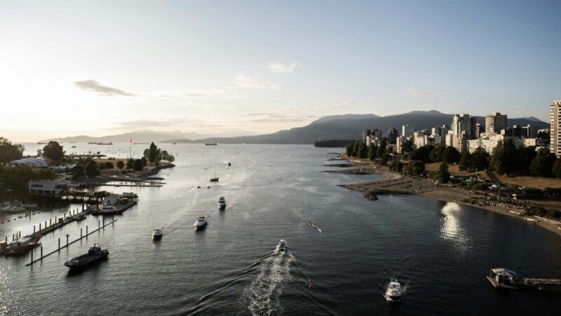 vancouver harbour at sunset from burrard bridge