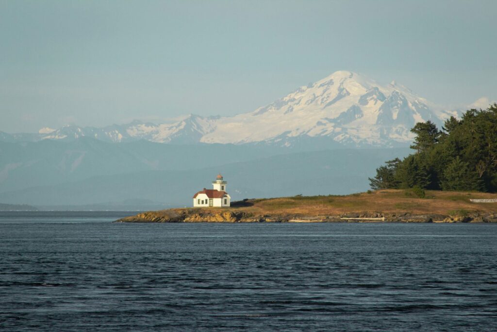A shot of Mt. Baker with the Patos Island Lighthouse in the foreground.