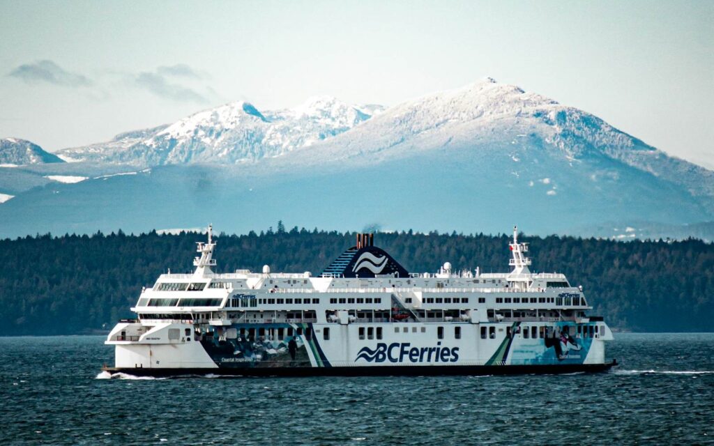 vancouver victoria ferry underway with snowy mountain backdrop how long is the ferry from tsawwassen to victoria