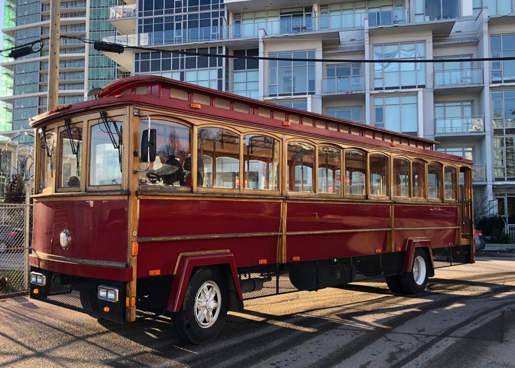 The Vancouver Hop on Hop off trolley tour bus.