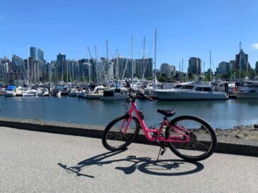 pink bike used to ride along stanley park with a view of the city and yachts