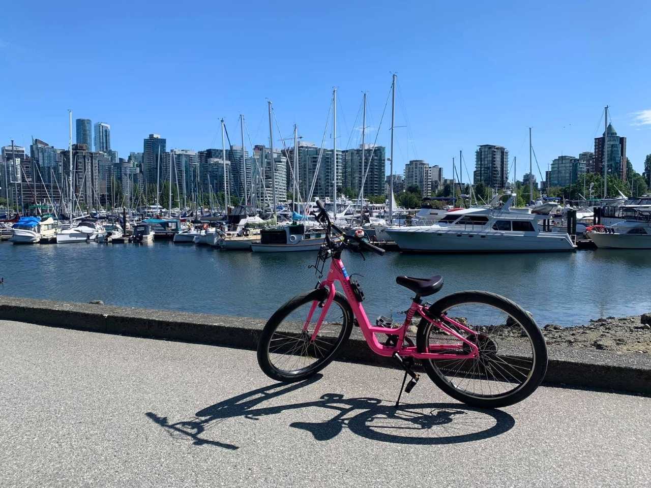 pink bike used to ride along stanley park with a view of the city and yachts