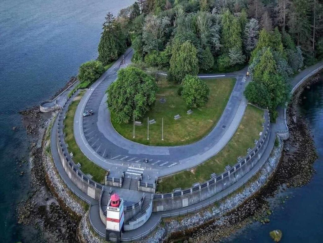 aerial view of brockton point with the iconic lighthouse