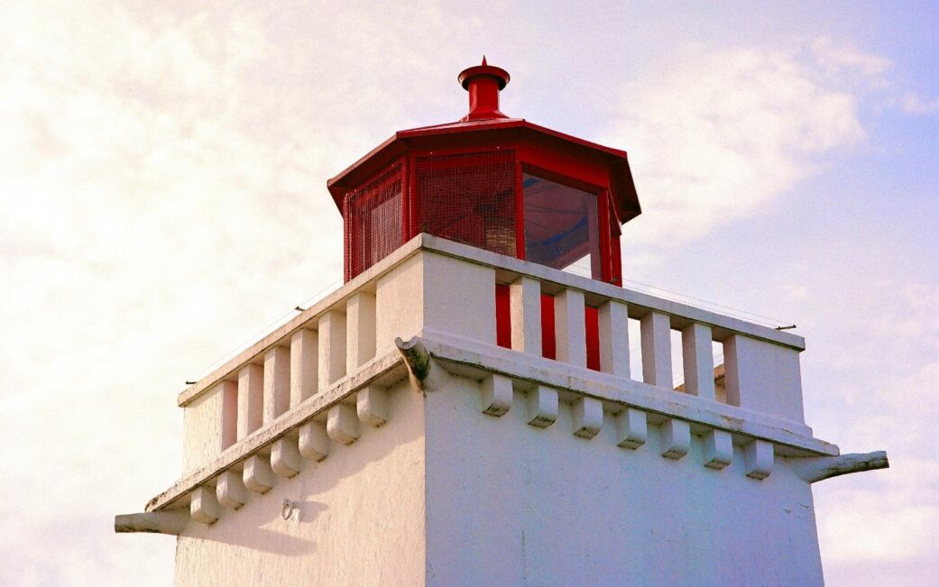 A closeup view of Stanley Park's Brockton Point Lighthouse in Vancouver, BC.